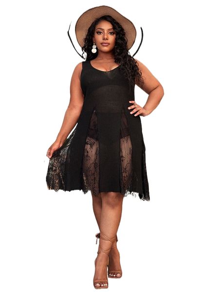 

plus contrast lace ribbed knit sweater dress without lingerie set 687t#, Black