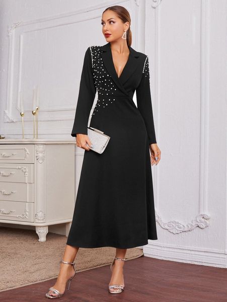 

beaded lapel neck dress x3lg#, Black;gray