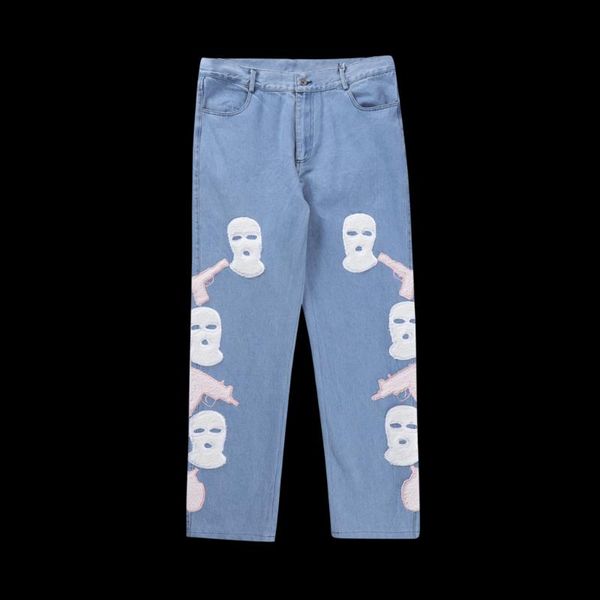 

men's jeans urban streetwear baggy y2k men skull furry embroidered denim pants straight leg loose trousers women high street hip hopmen, Blue