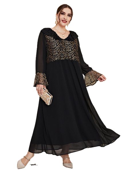 

plus embroidery mesh flounce sleeve ruffle trim dress u337#, Black