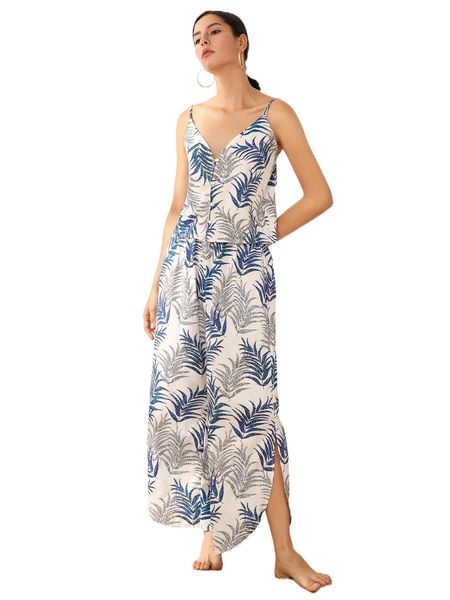 

tropical print asymmetrical hem cami pj set c5zs#, Black;red