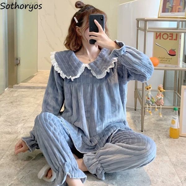 

pajama sets women winter coral fleece nightwear warm sweet home suits female cute flannel pyjamas long sleeves loungewear two pieces l220803, Black;red