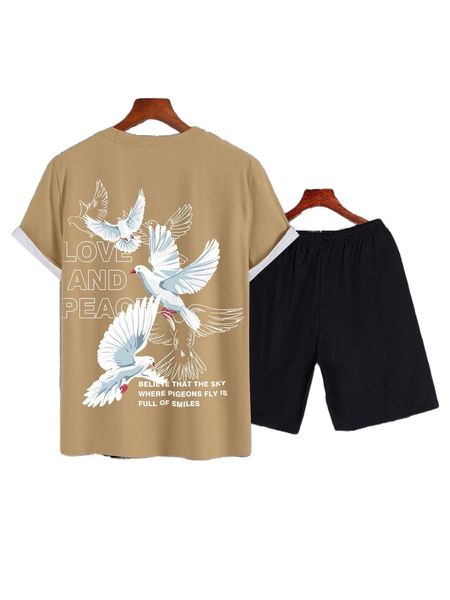 

men pigeon & slogan graphic tee & shorts q0dz#, Gray