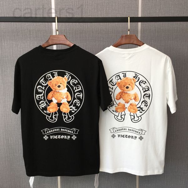 

men's t-shirts designer ch couple summer round neck short sleeve t-shirt three-dimensional bear sanskrit horseshoe cross printing card, White;black