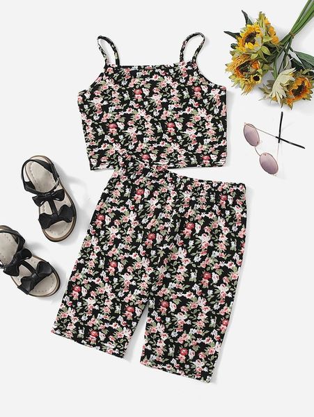 

girls allover floral print cami & biker shorts set she, White