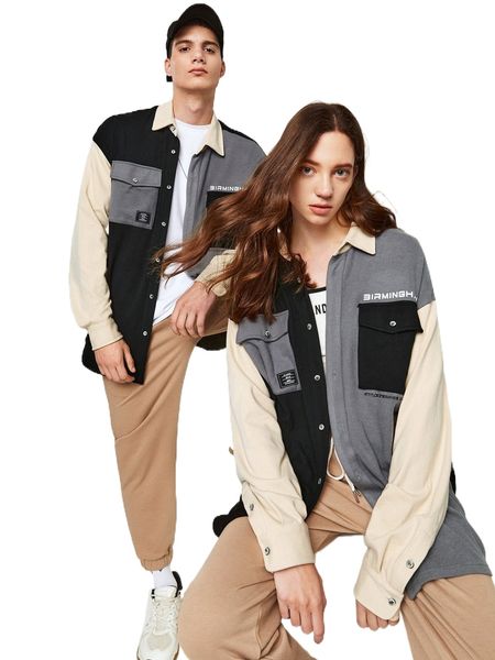 

1pc drop shoulder flap pocket letter pattern patch detail shirt m0s4#, White;black