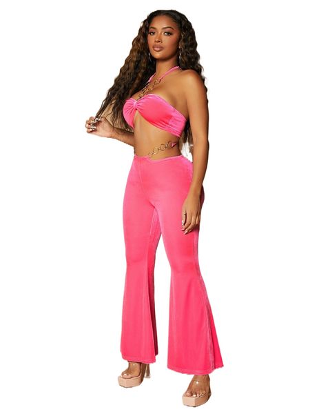 

sxy chain detail velvet crop & flare leg pants v0za#, White