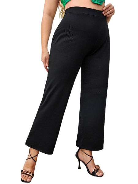 

plus ribbed knit high waist pants o5fj#, Black