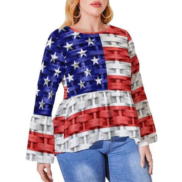 Kadınlar artı beden tişört Amerikan ABD bayrak yıldızları baskı klasik uzun kollu tişörtler desen estetik tshirt bayan yaz üstleri 5xl 6xlwomen '