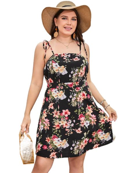 

plus floral print tie shoulder dress 104f#, Black
