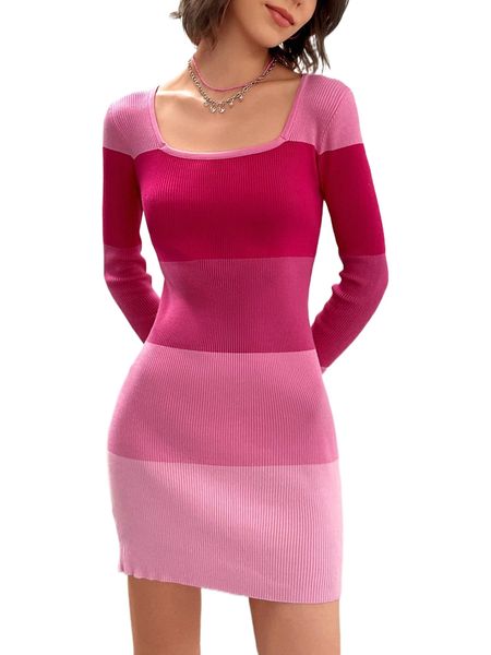 

colorblock rib-knit scoop neck sweater dress r6sy#, White;black