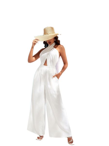 

cut out wrap cross backless wide leg halter jumpsuit q4kl#, Black;white