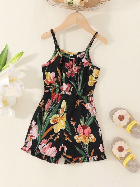 

toddler girls floral print frill trim cami romper she, Blue