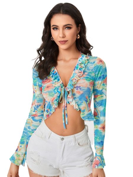 

floral ruffle trim tie front mesh 090u#, White