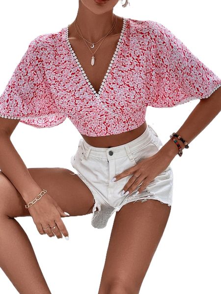 

ditsy floral surplice neck tie back crop 54pd#, White