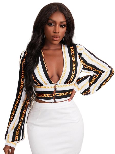 

sxy chain print button front blouse i0dh#, White