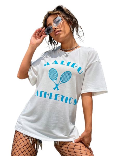 

letter & tennis racket print drop shoulder tee s6iq#, White