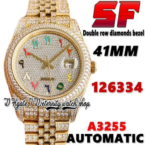 SF Últimos produtos ew126334 A3255 Relógio automático masculino u228396 k228239 Arco-íris Árabe Diamantes Dial 904L Aço inoxidável Iced Out Diamond Pulseira de ouro Relógios da eternidade