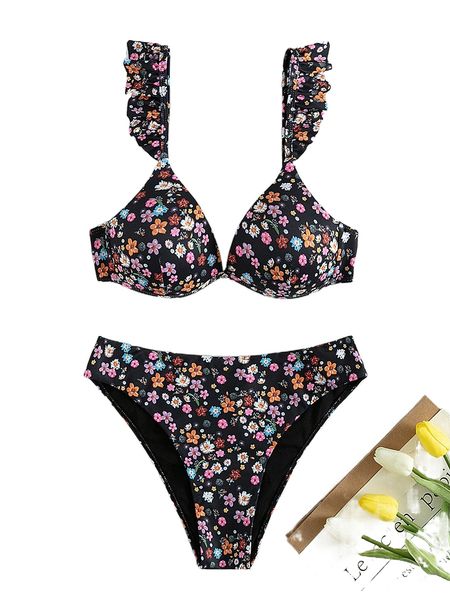 

ditsy floral ruffle trim push up bikini swimsuit p3qn#, White;black