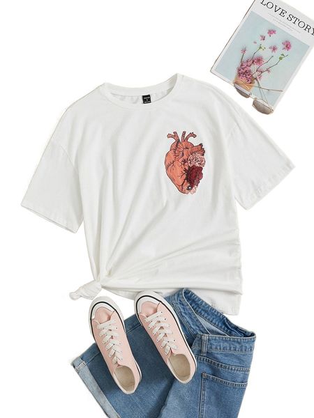 

x l'amour morbide drop shoulder floral & heart print tee 72xm#, White