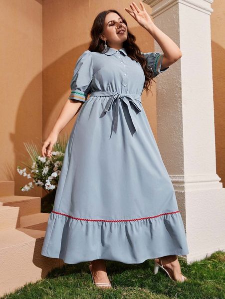 

plus puff sleeve wave tape detail belted shirt dress 81qs#, Black