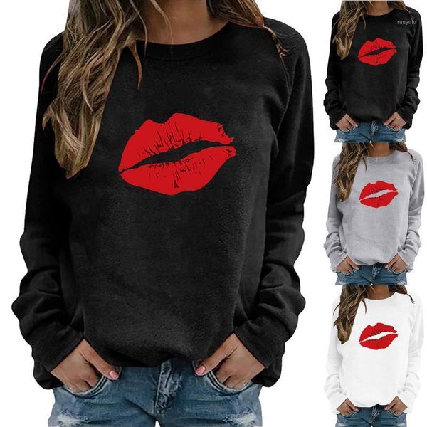 Kadın Hoodies Sweatshirt Sıradan Yuvarlak Yuvarlak Boyun Kırmızı Dudak Baskılı Kazak Sweatshirt Üstleri Bluz Kadın Hooded 2022 Moletom Feminino