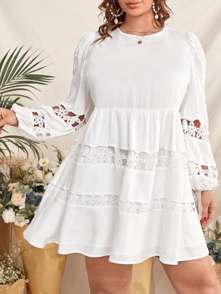 

plus a-line contrast lace bishop sleeve dress u0b2#, Black