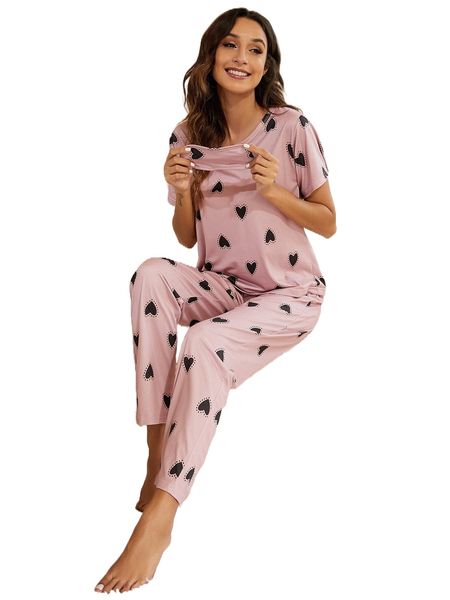 

allover heart print pj set with eye mask d4xl#, Black;red