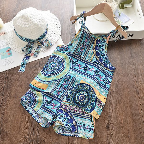 2 ~ 7 Anos Criança Roupas de Verão Crianças Bebê Menina Boho Set Azul Outfits Sleeveless Strap Tops Chapéus 3 Pcs Sets Beach