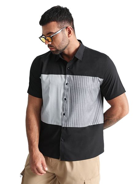 

extended sizes men color block striped print shirt y2tb#, White;black
