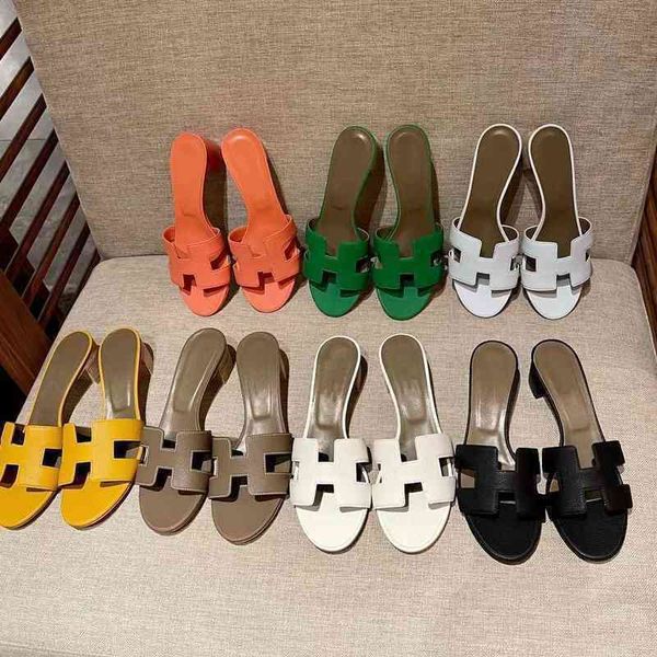 

paris h slipper herme oran sandals slippers h-type 2022 new women's summer fashion wear thick heel leather one-sided middle correct log, Black