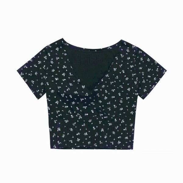 

women's t-shirt y2k vintage floral cross crop women cropped slim short sleeve v-neck summer clothes tee shirt femme woman, White