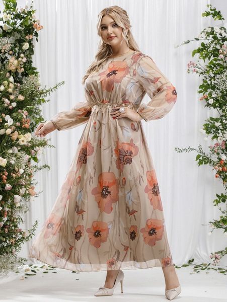 

plus floral print round neck dress n9uw#, Black