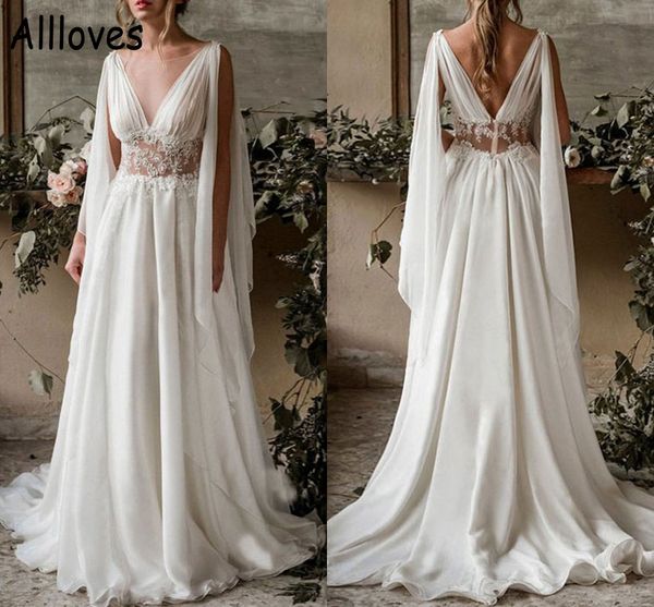 Vestidos de noiva de praia de boho elegantes com swee sweek de trem longo de mangas compridas Sheer V pescoço elegante renda de noiva veste uma linha chiffon sem costas Robes simples de mariee cl0474