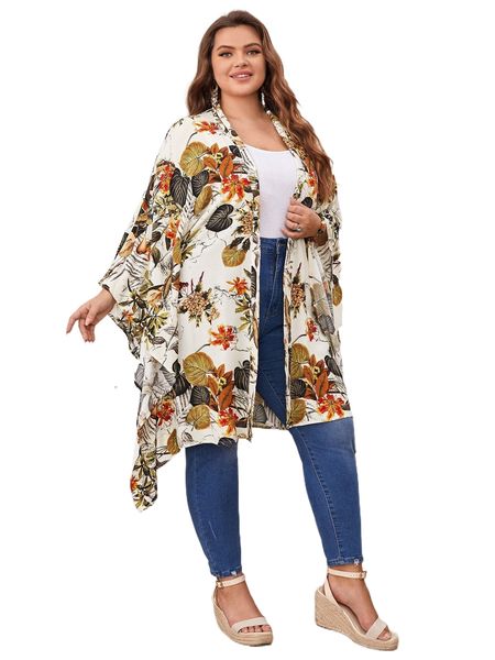 

emery rose plus tropical print batwing sleeve kimono d8uw#, Black;gray