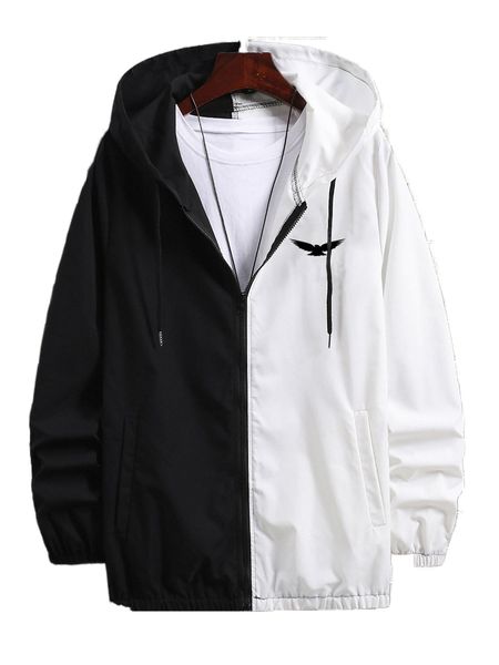 

men eagle print two tone drawstring hooded jacket without tee q18h#, Black;brown