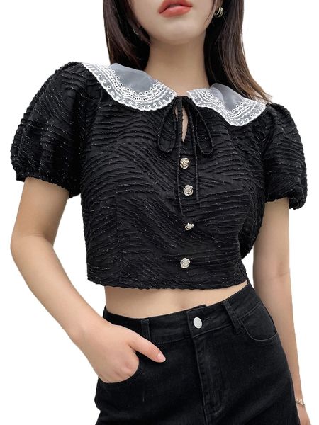

dazy peter pan collar button front crop blouse h8kl#, White
