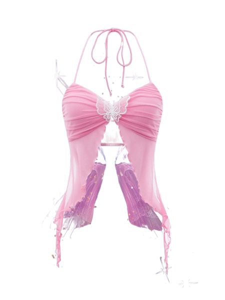 

butterfly applique asymmetrical hem backless mesh halter z8xl#, White