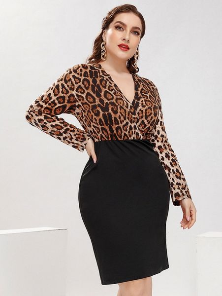 

plus color block leopard surplice neck dress 26u2#, Black