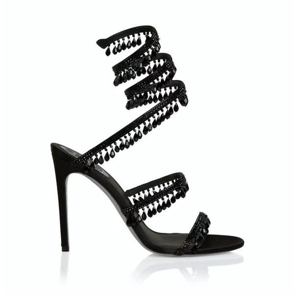 

designer shoes black crystal chandelier high-heeled sandals 95mm luxury diamond serpentine wrapped roman high heels rhinestone silver design