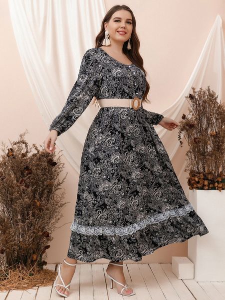 

plus scroll print lace trim lantern sleeve dress without belt q7wm#, Black