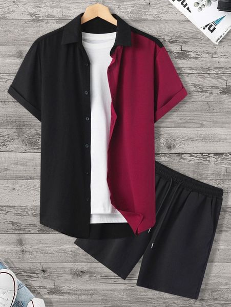 

men random two tone shirt & drawstring shorts without tee l9gg#, Gray