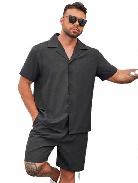 

extended sizes men lapel collar button up shirt with shorts b20u#, Gray