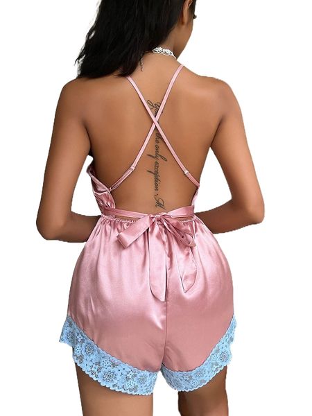 

crisscross tie backless contrast lace trim satin cami sleep romper o74g#, Black;red