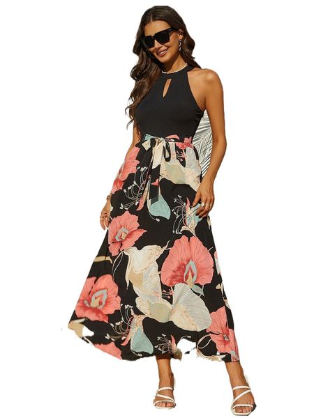 

floral print keyhole neckline belted dress s5m0#, Black;gray