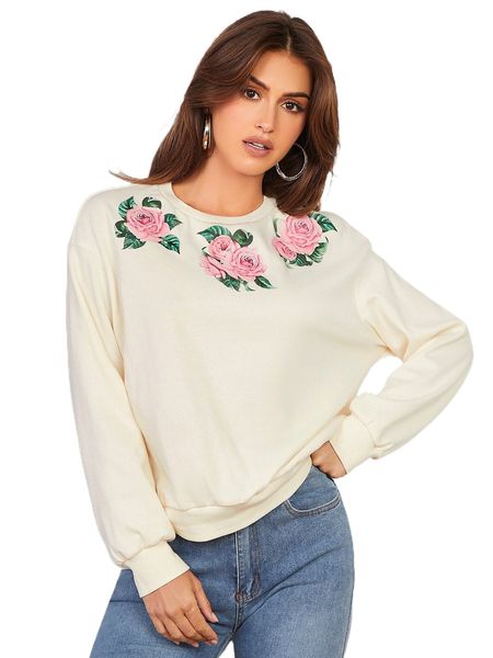 

floral print drop shoulder sweatshirt k1un#, Black