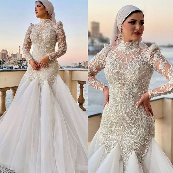 Pescoço requintado alta sereia vestido de casamento contas rendas lantejoulas árabe manga cheia trompete vestidos de noiva robe de soiree