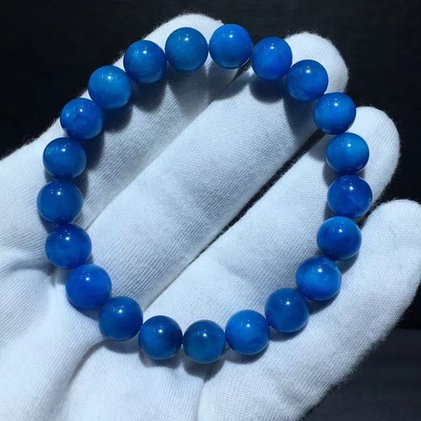 

natural blue apatite crystal cat eye bracelet 9.7mm rare clear round beads stretch women men genuine blue apatite aaaaaa, Silver
