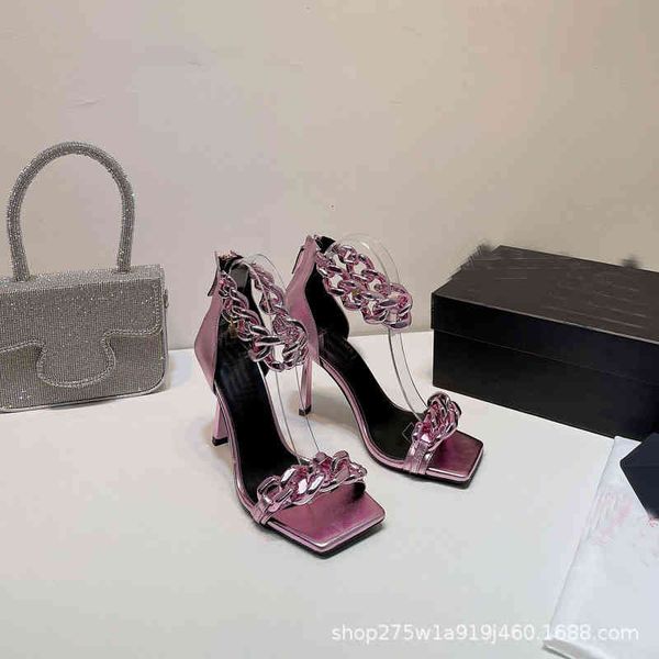 

sandals roman shoes, sandals, high heels, women's thin square head, one-line belt, metal chain, walk through fashion sandals, Black