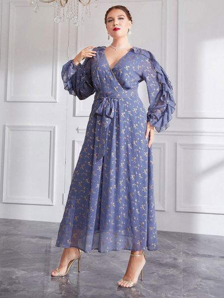 

plus gold floral print ruffle trim lantern sleeve belted prom dress s9gk#, Black